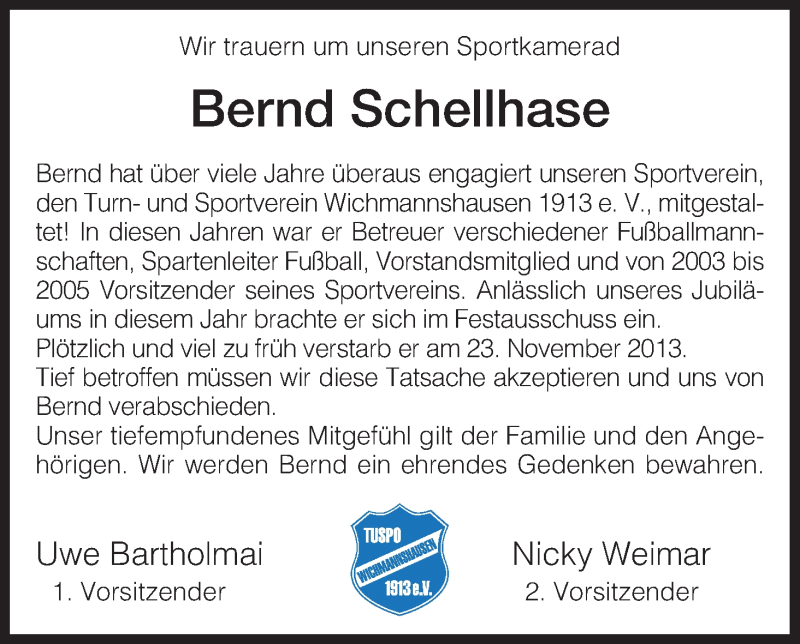  Traueranzeige für Bernd Schellhase vom 27.11.2013 aus Eschwege