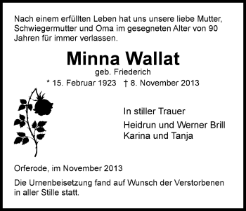 Traueranzeige von Minna Wallat von Eschwege