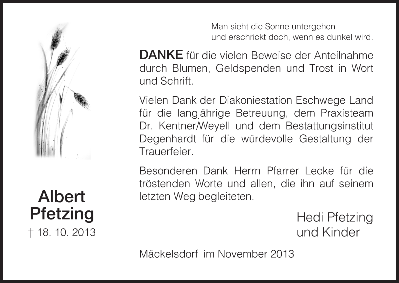 Traueranzeige für Albert Pfetzing vom 30.11.2013 aus Eschwege