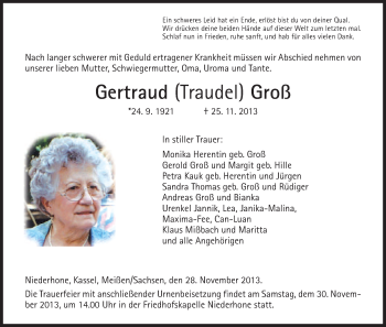 Traueranzeige von Gertraud Groß von Eschwege