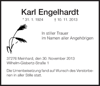 Traueranzeige von Karl Engelhardt von Eschwege