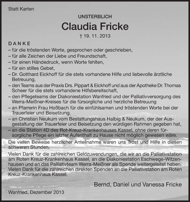  Traueranzeige für Claudia Fricke vom 02.12.2013 aus Eschwege