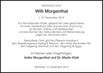 Traueranzeige von Willi Morgenthal von Eschwege