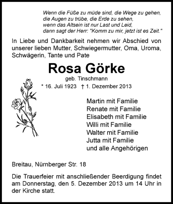 Traueranzeige von Rosa Görke von Eschwege