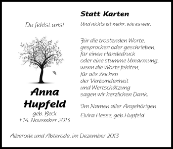 Traueranzeige von Anna Hupfeld von Eschwege