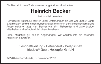 Traueranzeige von Heinrich Becker von Eschwege