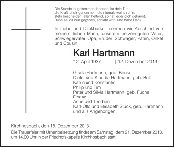 Traueranzeige von Karl Hartmann von Eschwege