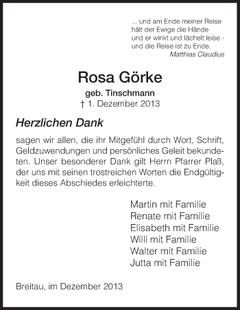 Traueranzeige von Rosa Görke von Eschwege