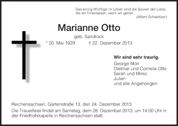 Traueranzeige von Marianne Otto von Eschwege