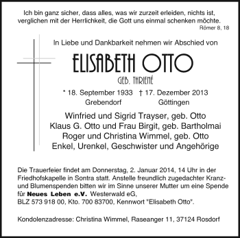 Traueranzeige von Elisabeth Otto von Eschwege