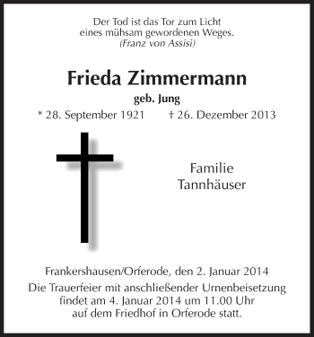 Traueranzeige von Frieda Zimmermann von Eschwege