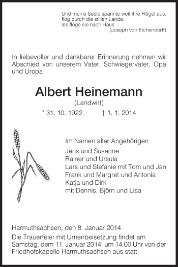 Traueranzeige von Albert Heinemann von Eschwege