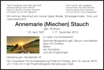 Traueranzeige von Annemarie Stauch von Eschwege