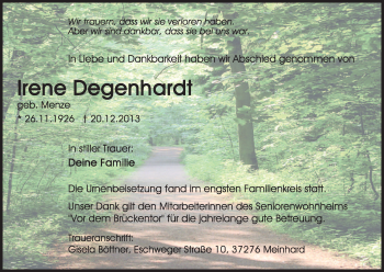 Traueranzeige von Irene Degenhardt von Eschwege