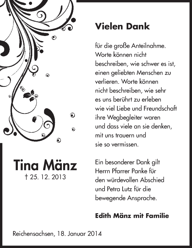  Traueranzeige für Tina Mänz vom 18.01.2014 aus Eschwege