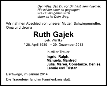 Traueranzeige von Ruth Gajek von Eschwege