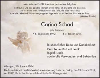 Traueranzeige von Corina Schad von Eschwege