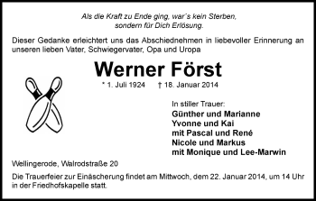 Traueranzeige von Werner Först von Eschwege