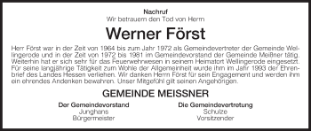 Traueranzeige von Werner Först von Eschwege