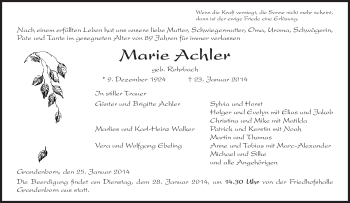 Traueranzeige von Marie Achler von Eschwege