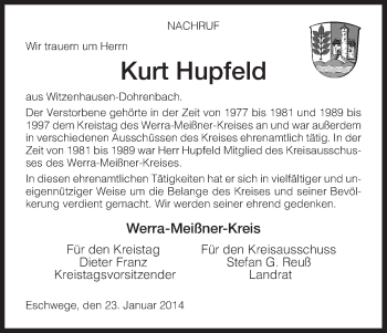 Traueranzeige von Kurt Hupfeld von Eschwege