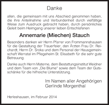 Traueranzeige von Annemarie Stauch von Eschwege