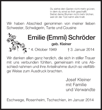 Traueranzeige von Emilie Schröder von Eschwege