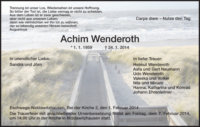  Traueranzeige für Achim Wenderoth vom 01.02.2014 aus Eschwege