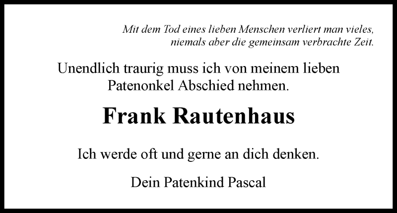  Traueranzeige für Frank Rautenhaus vom 01.02.2014 aus Eschwege