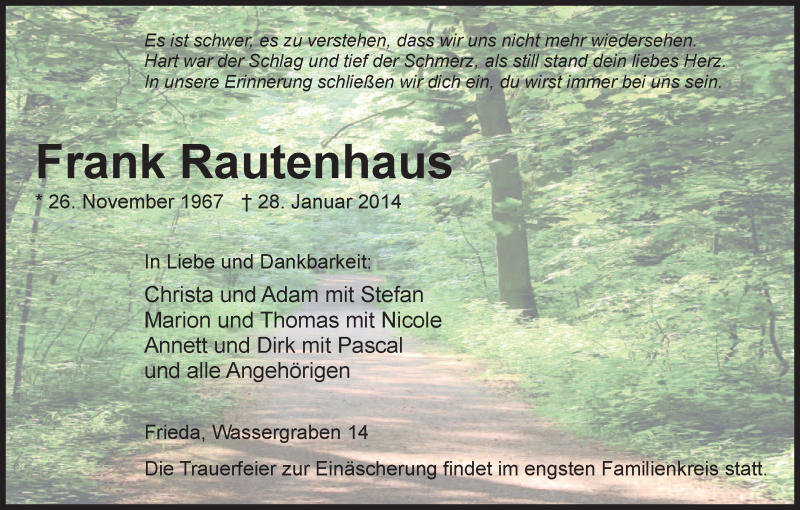  Traueranzeige für Frank Rautenhaus vom 01.02.2014 aus Eschwege