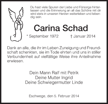 Traueranzeige von Corina Schad von Eschwege