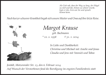 Traueranzeige von Margot Krause von Eschwege