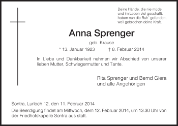Traueranzeige von Anna Sprenger von Eschwege