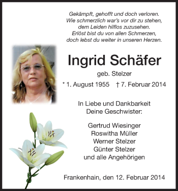 Traueranzeige von Ingrid Schäfer von Eschwege