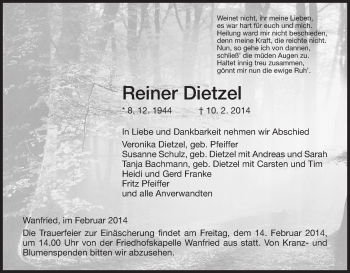 Traueranzeige von Reiner Dietzel von Eschwege