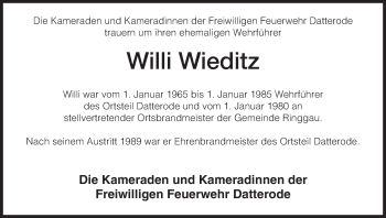 Traueranzeige von Willi Wieditz von Eschwege