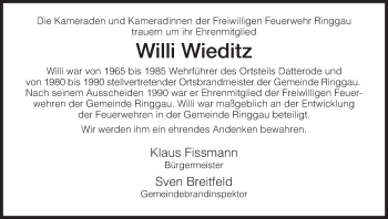 Traueranzeige von Willi Wieditz von Eschwege