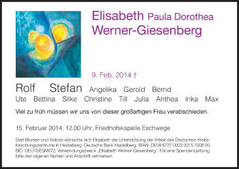 Traueranzeige von Elisabeth Paula Dorothea Werner-Giesenberg von Eschwege