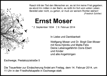 Traueranzeige von Ernst Moser von Eschwege
