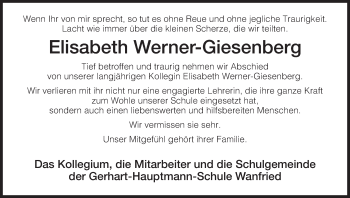 Traueranzeige von Elisabeth Werner-Giesenberg von Eschwege