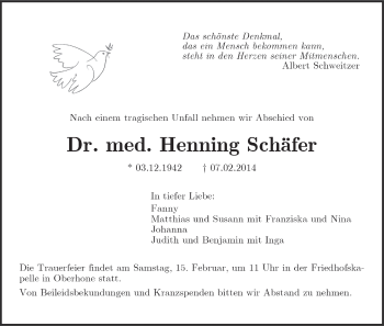 Traueranzeige von Henning Schäfer von Eschwege