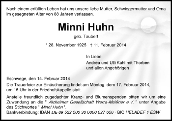 Traueranzeige von Minni Huhn von Eschwege