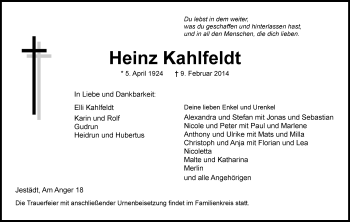 Traueranzeige von Heinz Kahlfeldt von Eschwege