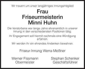 Traueranzeige von Minni Huhn von Eschwege
