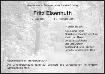 Traueranzeige von Fritz Eisenhuth von Eschwege