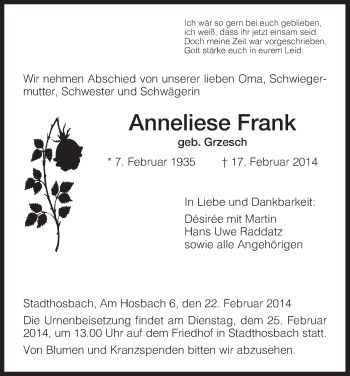 Traueranzeige von Anneliese Frank von Eschwege