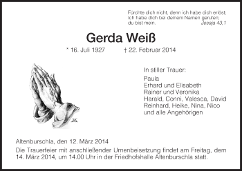 Traueranzeige von Gerda Weiß von Eschwege