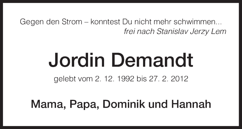  Traueranzeige für Jordin Demandt vom 27.02.2014 aus Eschwege