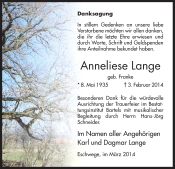 Traueranzeige von Anneliese Lange von Eschwege