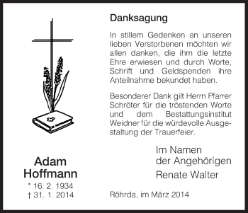 Traueranzeige von Adam Hoffmann von Eschwege